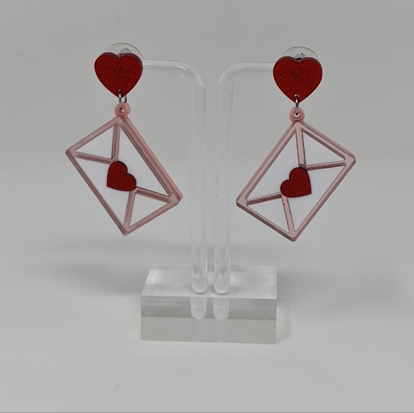 Valentine's Day White with Red Heart Envelope Acrylic Drop Earrings - Picture 2 of 6